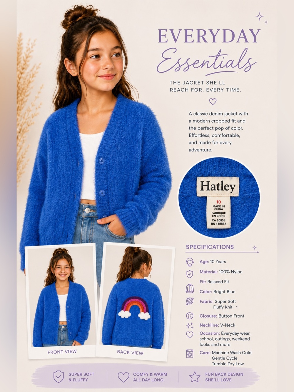 Hatley Bright Blue Fluffy Knit Kids Cardigan with Rainbow Patch